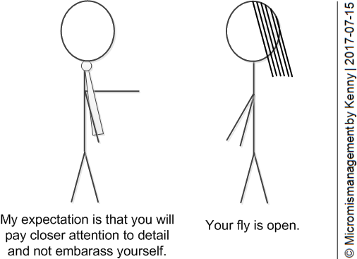 My expectation is that you will pay closer attention to detail and not embarrass yourself. | Your fly is open. 