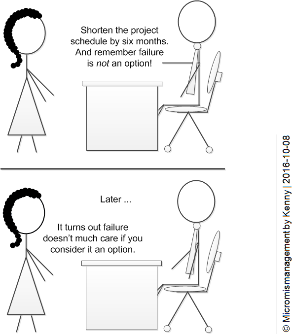 Shorten the project by six months. And remember failure is not an option| Later ... It turns out failure doesn't much care if you consider it an option.