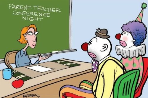 Teacher meeting with clown parents.