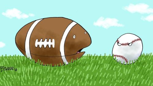Football talking to baseball.