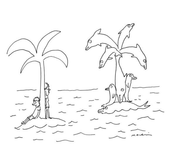 The New Yorker caption contest #546: Dolphins mimicking castaways.