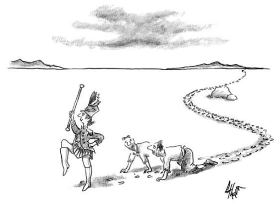 The New Yorker caption contest #547: Drum Major leads two smiling, crawling men into the desert.