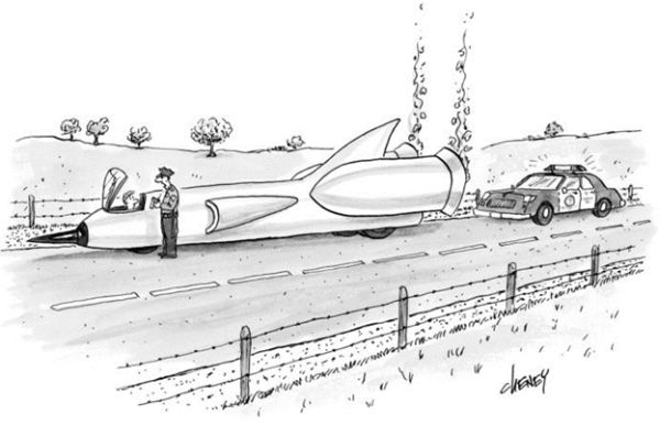 New Yorker caption contest #548: Cop ticketing jet car.
