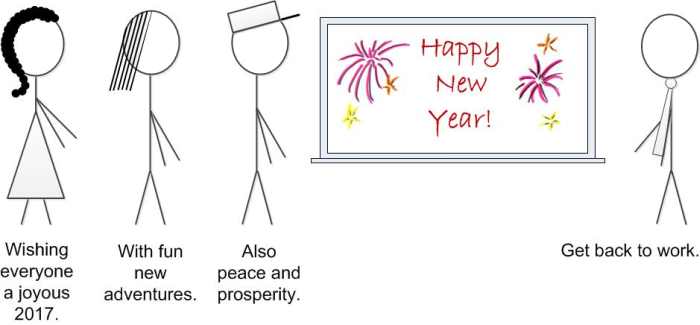 Happy new year 2017: Wishing everyone a joyous 2017. | With fun new adventures. | Also peace and prosperity. | Get back to work. 
