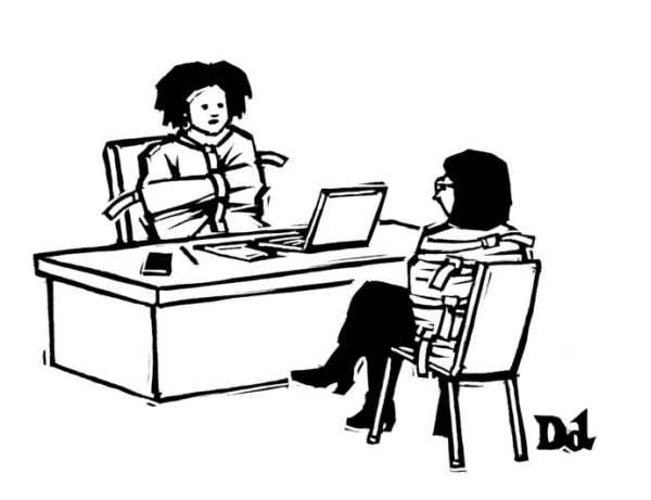 New Yorker caption contest #549: Two women in straitjackets.