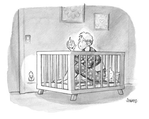 New Yorker caption contest #558: Boy in crib speaking into baby monitor.