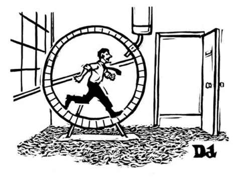 New Yorker caption contest #563: Office worker in gerbel wheel.