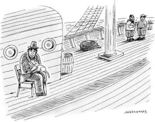 New Yorker caption contest #566: Sea captain with white cat.