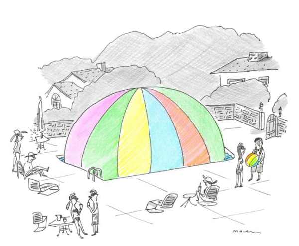 New Yorker caption contest #572: Man with a beach ball and a giant beach ball.