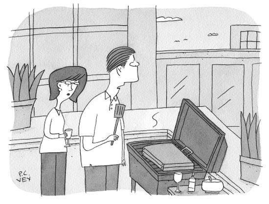 New Yorker caption contest #574: Couple grilling a briefcase
