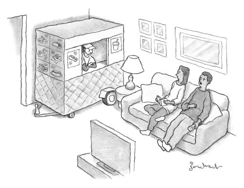 New Yorker caption contest #577: Concession stand in living room.