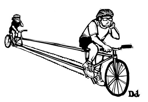 New Yorker caption contest #582: Man and woman on very long tandem bicycle