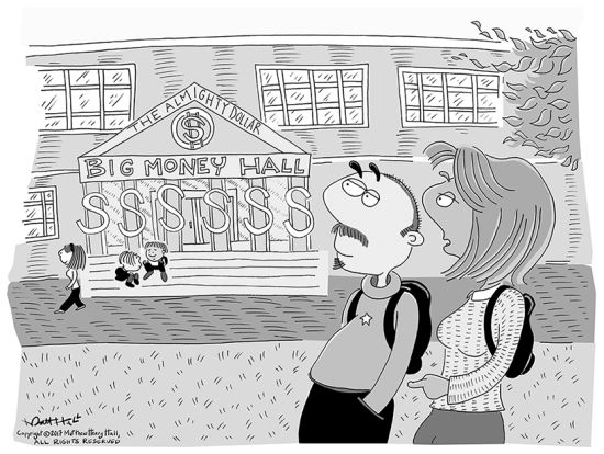 Two students in front of "Big Money Hall"