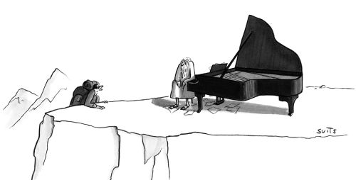 Hiker encounters a mountain-top guru with a piano.
