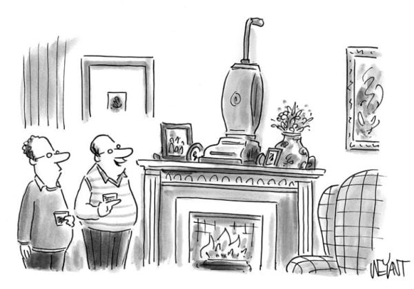 Cartoon Collections caption contest 2019-10-30: Two men looking at a vacuum cleaner on a fireplace mantle.